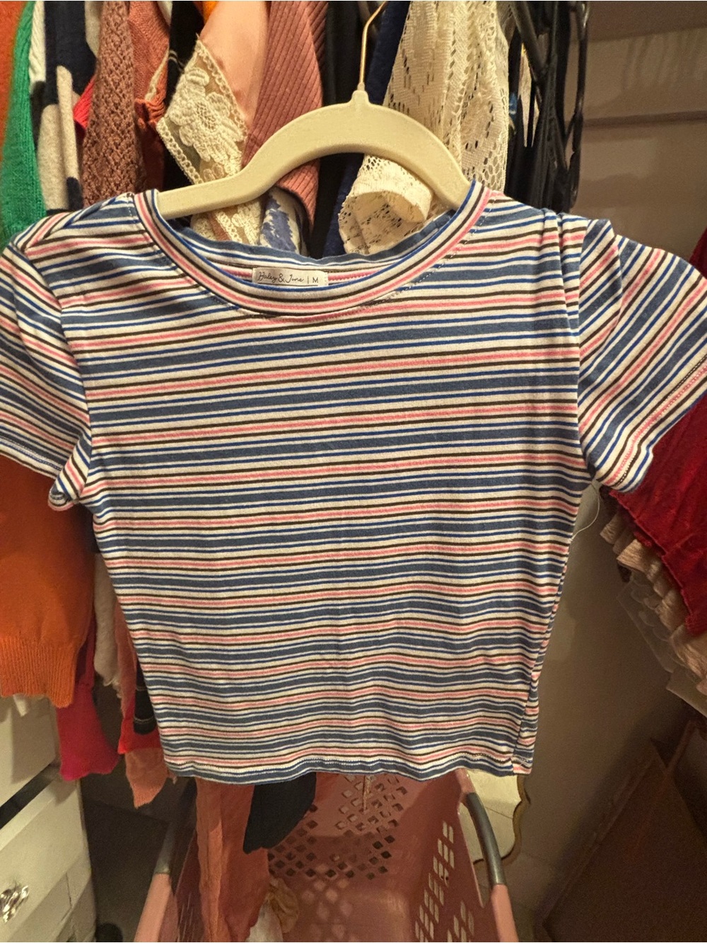 Striped Short-Sleeve Crop Top - Blue, Pink & White